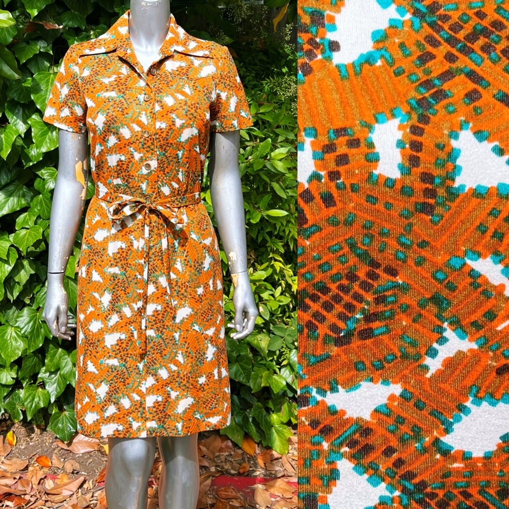 1970s Handmade Geometric Belted Shirt Dress - Picture 1 of 7